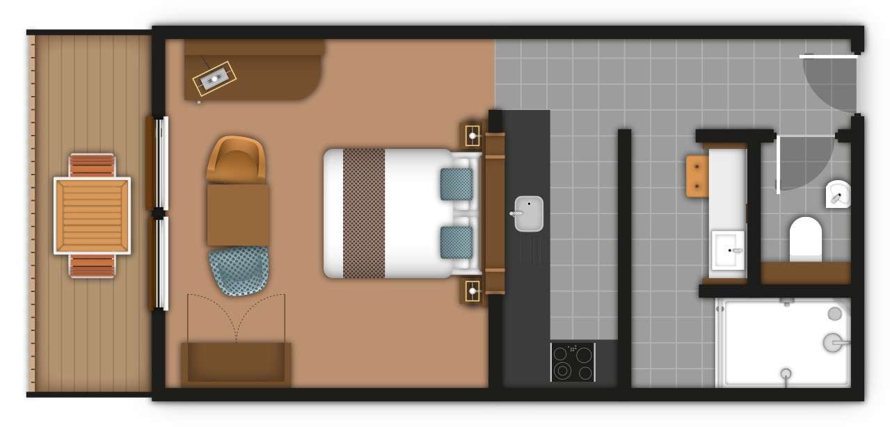 A detailed floor plan illustration of a one bedroom apartment. If you require further assistance viewing the floor plan or need further information please contact Guest Services.