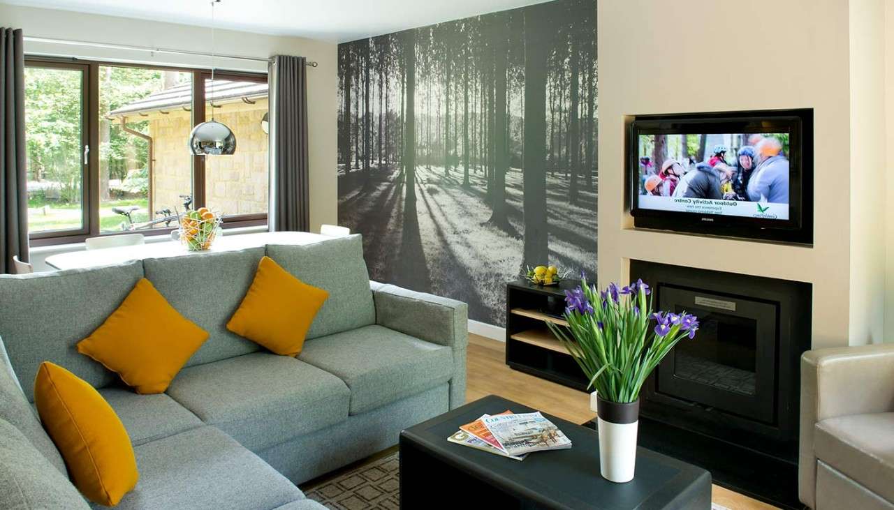 Woodland Lodge living area, with corner sofa and TV