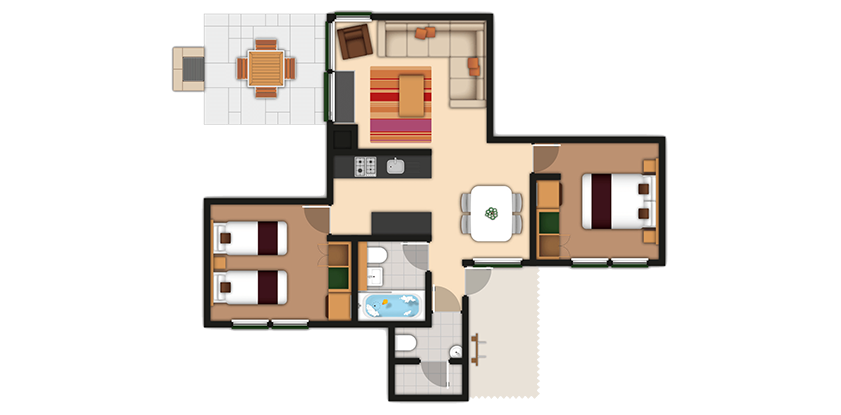 Two bedroom Woodland Lodge floor plan. 