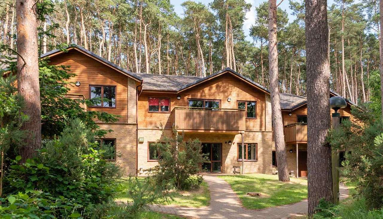 Exterior image of lodges in the forest.