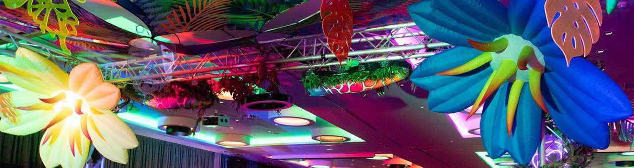 Brightly coloured ceiling.