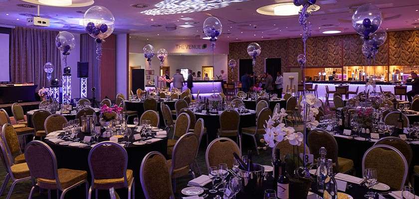Room decorated for a gala dinner