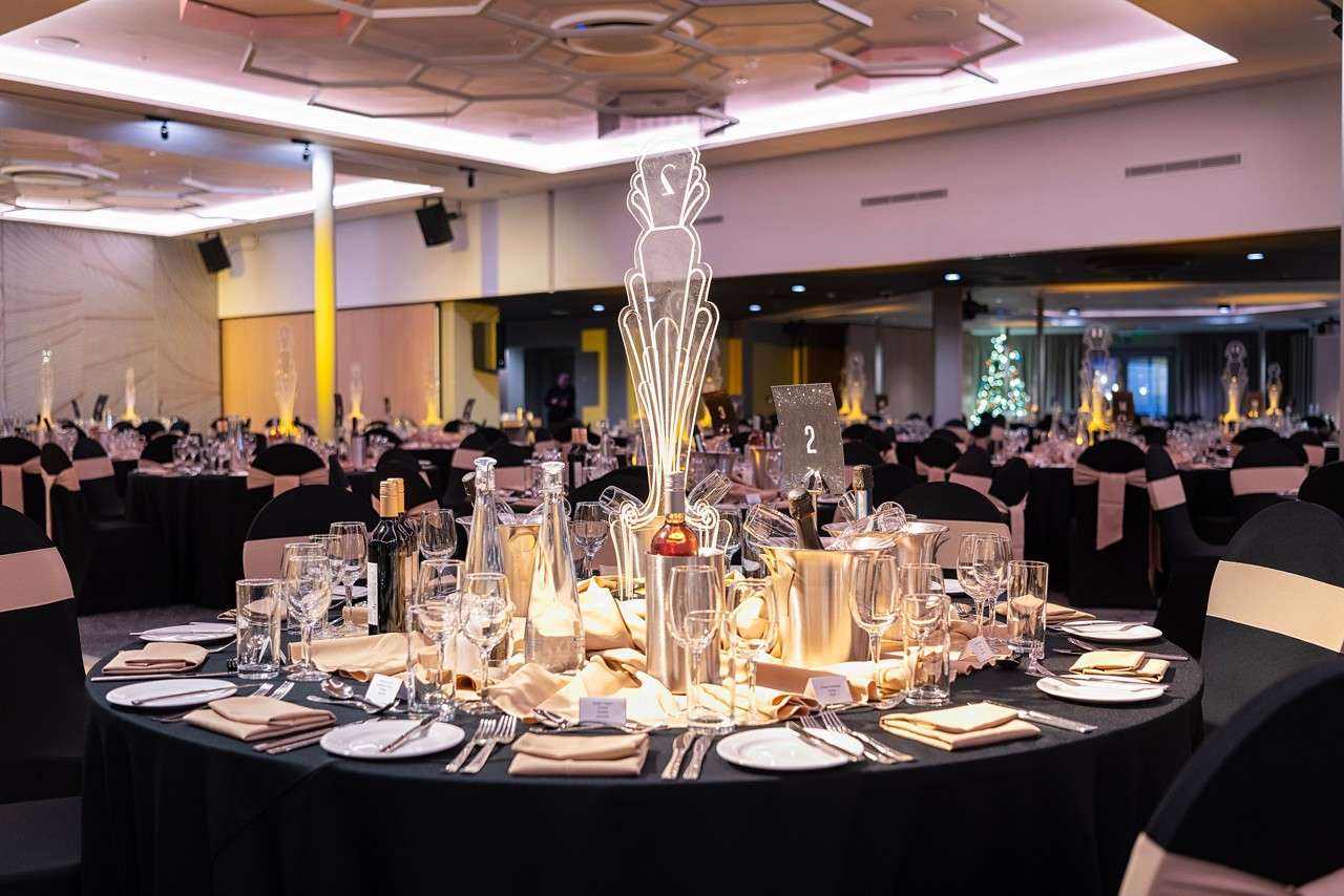 Room decorated for a gala dinner
