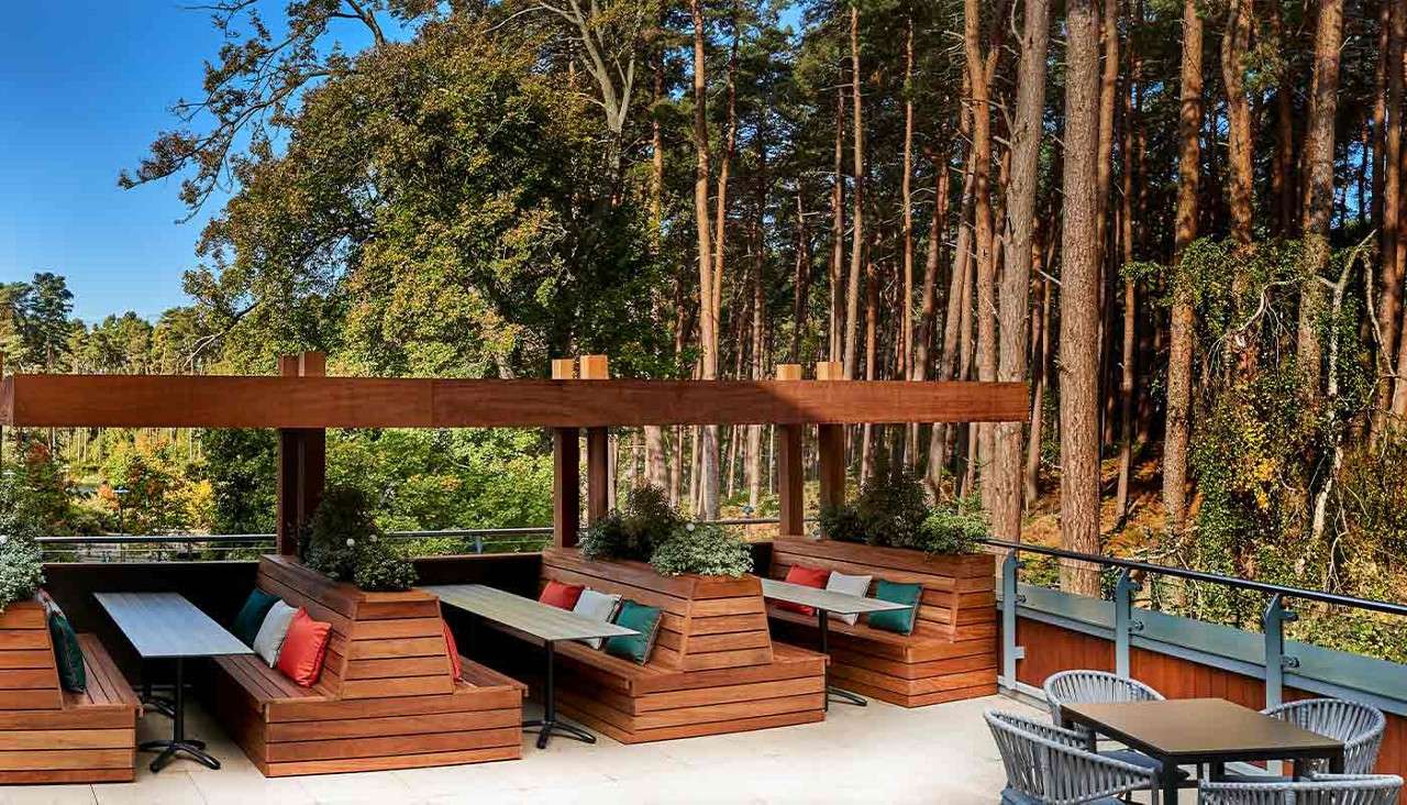 Seating on the terrace area at The Venue, Woburn Forest