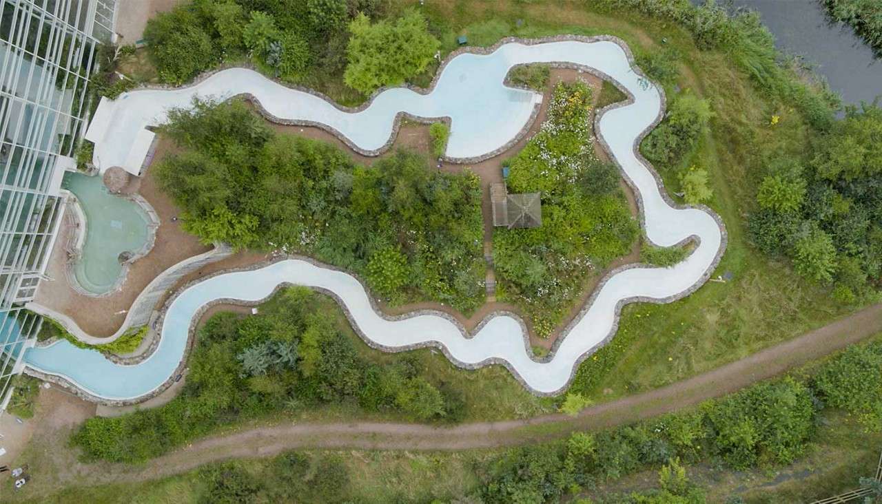 Drone shot of the outdoor rapids in the STSP