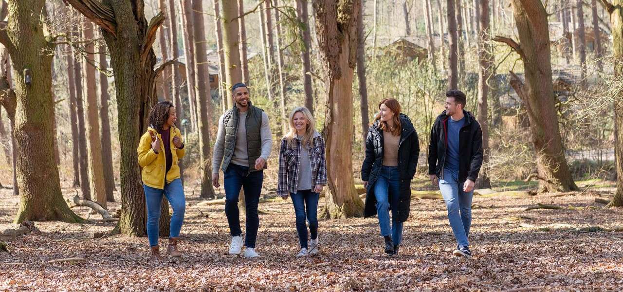 5 people walking in a line in the forest