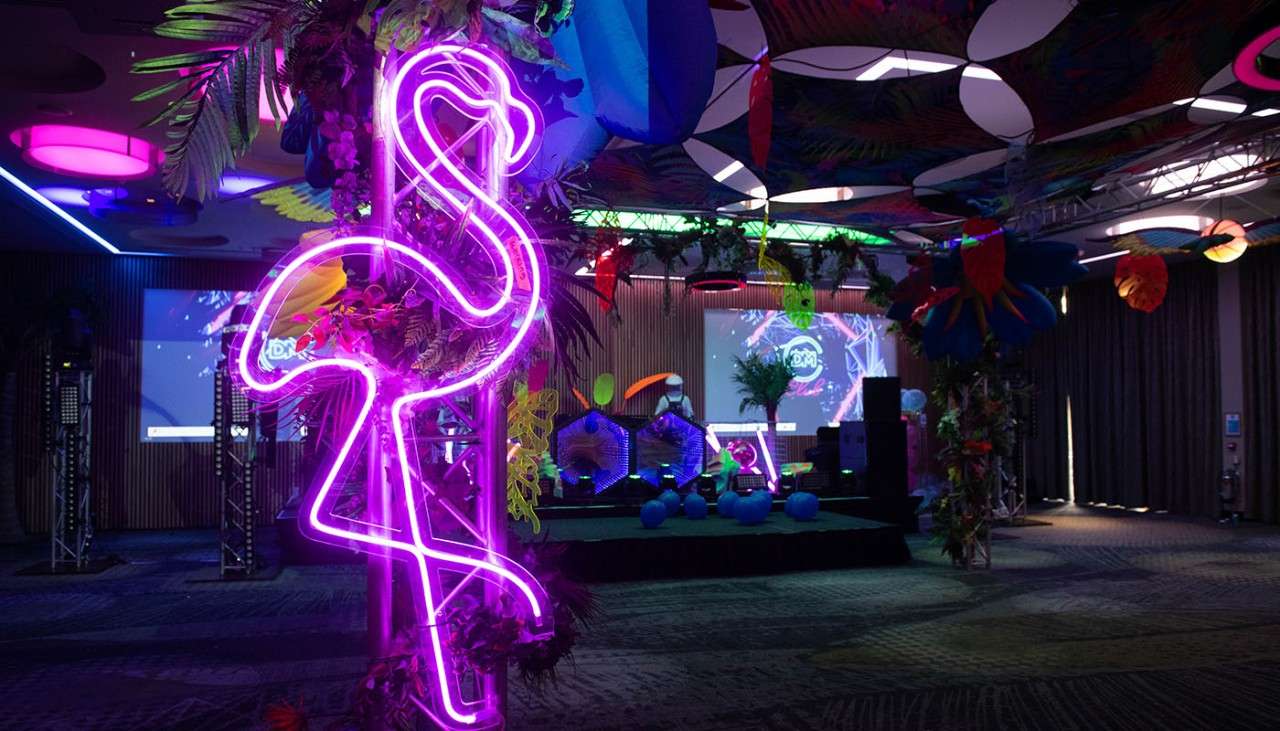 An illuminous flamingo shaped light in the club.