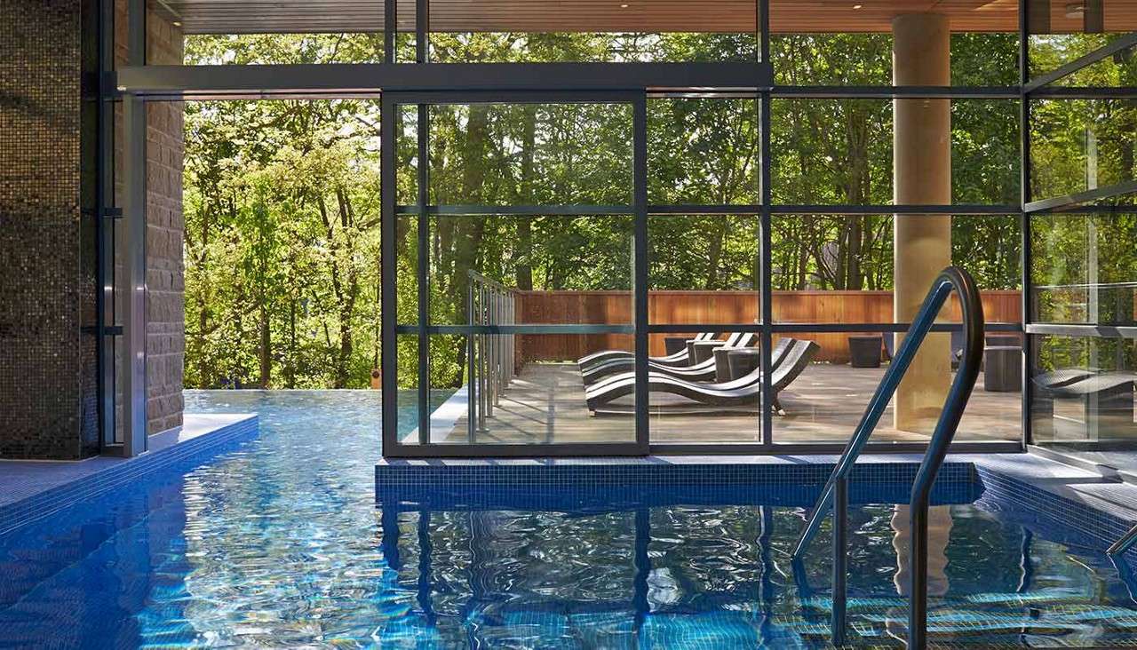 Outdoor pool surrounded by the forest.