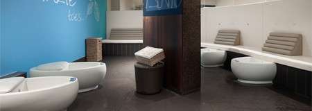 Four footbaths with complementing seating.